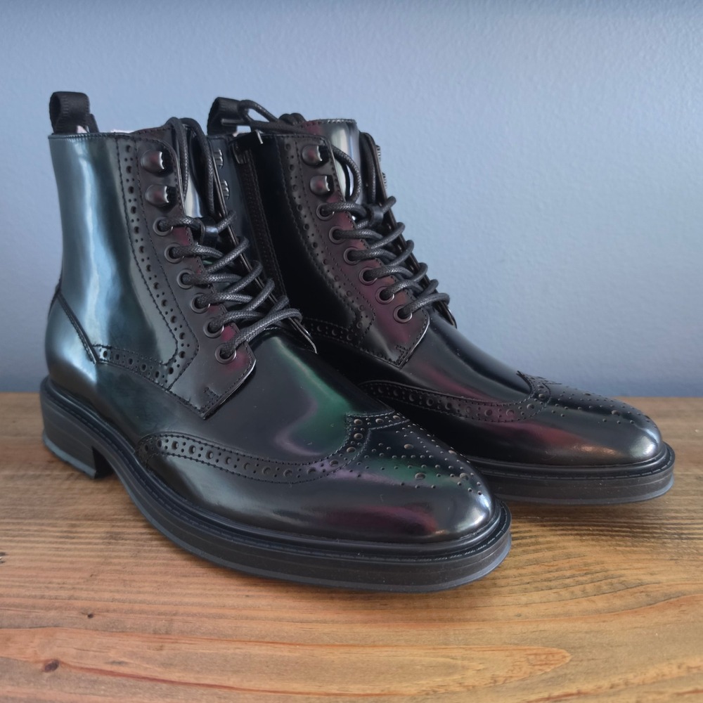Vince Camuto Mens Jaycob Wingtip Boots Black Leather Lace Up Side Zip 8M
